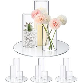 4 Pcs 10 in Round Glass Mirror Trays and 12 Pcs Different Height Glass Cylinder Vases Wedding Table Flower Vase with Mirror Set Table Centerpiece Decoration for Wedding Decor Crafts Baby Shower Party in Kuwait
