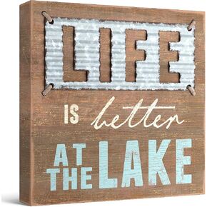 Barnyard Designs 'Life Is Better At the Lake' Wooden Box Sign Motivational Desk Decor, Primitive Decor Office Desk Decorations for Women Office Bathroom Shelf Decor, Inspirational Desk Decor, 8x8 in Kuwait