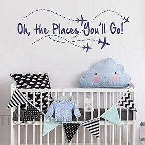 ملصق حائط على شكل طائرة من BATTOO - Oh The Places Youll Go - اقتباس لجدار الحضانة - طائرة - ملصق حائط على شكل طيار - ملصق جداري للأولاد والبنات (أزرق داكن، 22 بوصة عرض × 8.5 بوصة ارتفاع) in Kuwait