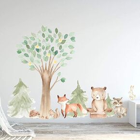 InnovativeStencils Woodland Watercolor Wall Decal Oak Pine Tree Animal Creatures - Bear, Fox, Raccoon, Rabbit, Squirrel, Porcupine Fabric Nursery Decals #3061 (60" Tall Tree (Including Leaves)) in Kuwait