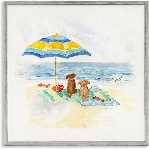 Stupell Industries Cute Playful Dogs Relaxing Beach Umbrella Shoreline Painting, Design by Sally Swatland in Kuwait