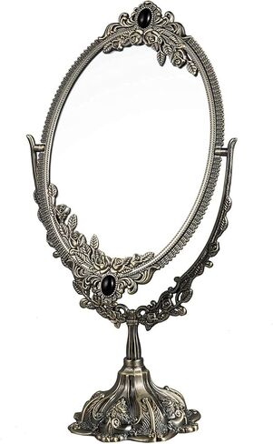 Guppy Metal Vintage Makeup Mirror, Tabletop Oval Cosmetic Mirror, Vintage Swivel Double Sided Cosmetic Mirror with Embossed Frame Stand Base, Retro Mirror for Dresser Counter Display-Antique Bronze in Kuwait
