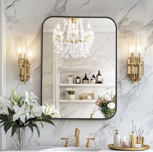 MZON 48x30 Inch Black Rectangle Round Edge Mirror, Brushed Black Metal Framed Bathroom Vanity Mirrors Wall Mounted Home Decor (Horizontal/Vertical) in Kuwait