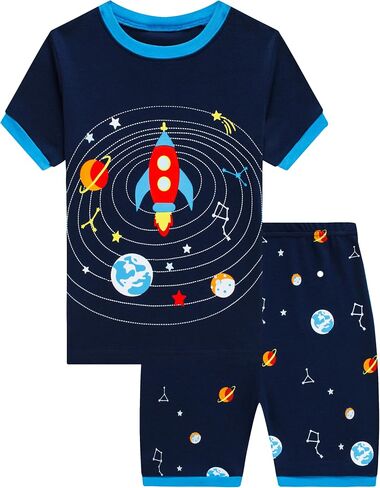 Akyzic Boys Pajamas 100% Cotton Planet Pjs Toddler 2 Piece Short Sleeve Sleepwear Summer Kids Clothes Set 3t-10t in Kuwait