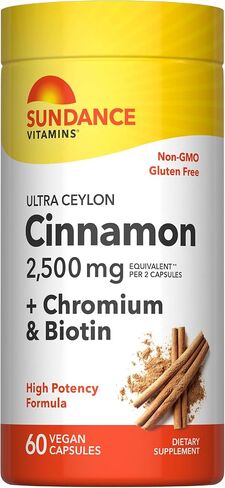 Ceylon Cinnamon Capsules 2500mg | 60 Pills | With Chromium and Biotin | Vegetarian, Non-GMO, and Gluten Free Supplement | By Sundance in Kuwait