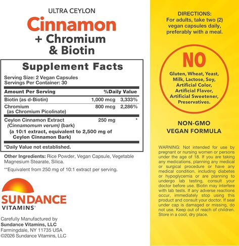 Ceylon Cinnamon Capsules 2500mg | 60 Pills | With Chromium and Biotin | Vegetarian, Non-GMO, and Gluten Free Supplement | By Sundance in Kuwait