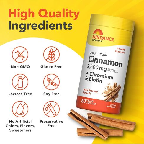 Ceylon Cinnamon Capsules 2500mg | 60 Pills | With Chromium and Biotin | Vegetarian, Non-GMO, and Gluten Free Supplement | By Sundance in Kuwait