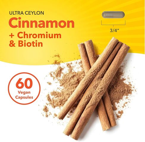 Ceylon Cinnamon Capsules 2500mg | 60 Pills | With Chromium and Biotin | Vegetarian, Non-GMO, and Gluten Free Supplement | By Sundance in Kuwait