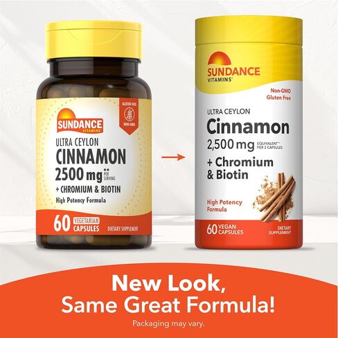 Ceylon Cinnamon Capsules 2500mg | 60 Pills | With Chromium and Biotin | Vegetarian, Non-GMO, and Gluten Free Supplement | By Sundance in Kuwait