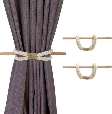 Handmade Braided Curtain Holdbacks, Set of 4 Boho Curtain Tiebacks Natural Rope Curtain Tie Back with Wooden Stick Farmhouse Curtain Tie Back Holder for Indoor Outdoor Drapes Decorative in Kuwait