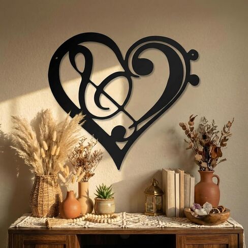 Zhengmy Heart Metal Music Wall Decor Musical Notes Metal Wall Art Vintage Music Theme Note Hanging Wall Sign for Music Room, Bedroom, Living Room or Classroom 13.78 x 12.6 Inches in Kuwait