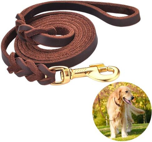 Leather Dog Leash Traffic 6ft Heavy Duty Training for Large Medium Small Breed Dog Brown Double Handle Pet Leashes (6FT * 4/5", Brown) in Kuwait