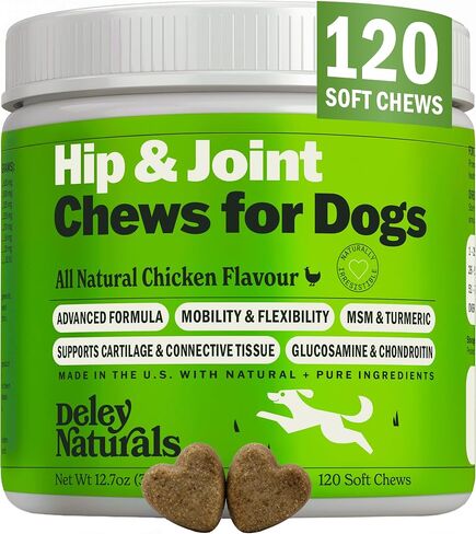Hip and Joint Support Supplement for Dogs - Advanced Arthritis Pain Relief - Chondroitin, MSM, Organic Turmeric, & Glucosamine for Dogs - Made in USA - 120 Grain Free Soft Chews, Deley Naturals in Kuwait