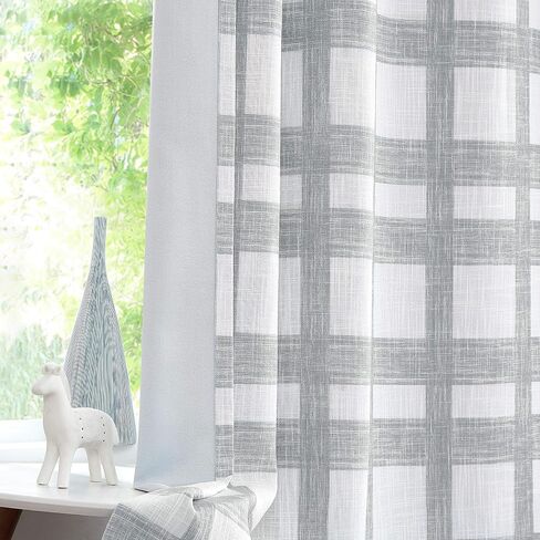 White and Gray Plaid Blackout Curtain Energy Efficient Triple Weave Window Treatment Panel 84 Inches Long for Bedroom Grommet Top Rustic Farmhouse Buffalo Check Geometric Drape, 50"x84"x2, Light Grey in Kuwait