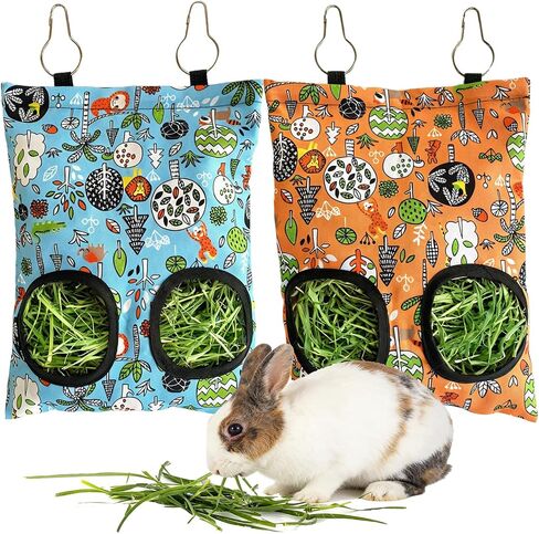 RMNHPTK Rabbit Hay Feeder Bag, Guinea Pig Hay Feeder for Cage Small Animal Hanging Feeding Bags Rabbit Hay Dispenser Storage for Rabbits Guinea Pigs Bunnies Chinchillas (Red,Dark Blue, 2 Hole) in Kuwait