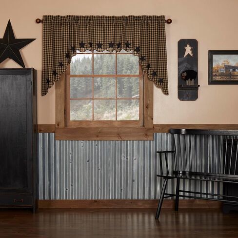 VHC Brands Black Star Scalloped Swag Set of 2 36x36x16 Primitive Rustic Country Curtains, Raven Black and Tan in Kuwait
