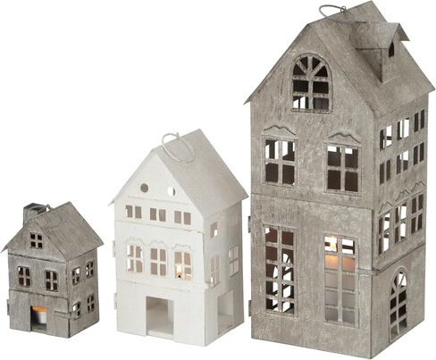 Americana Main Street Town House Candle Lanterns, Set of 3, Vintage Style, Weathered White and Rustic Gray, Metal, Hinged Doors, 14 1/2, 8 3/4 and 5 1/8 Inches Tall in Kuwait