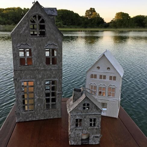 Americana Main Street Town House Candle Lanterns, Set of 3, Vintage Style, Weathered White and Rustic Gray, Metal, Hinged Doors, 14 1/2, 8 3/4 and 5 1/8 Inches Tall in Kuwait