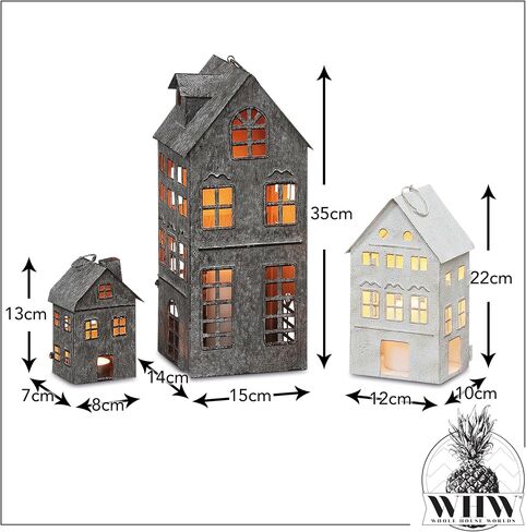Americana Main Street Town House Candle Lanterns, Set of 3, Vintage Style, Weathered White and Rustic Gray, Metal, Hinged Doors, 14 1/2, 8 3/4 and 5 1/8 Inches Tall in Kuwait