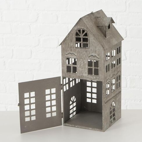 Americana Main Street Town House Candle Lanterns, Set of 3, Vintage Style, Weathered White and Rustic Gray, Metal, Hinged Doors, 14 1/2, 8 3/4 and 5 1/8 Inches Tall in Kuwait