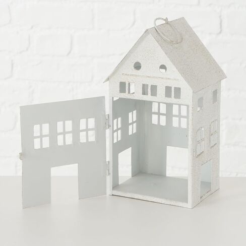 Americana Main Street Town House Candle Lanterns, Set of 3, Vintage Style, Weathered White and Rustic Gray, Metal, Hinged Doors, 14 1/2, 8 3/4 and 5 1/8 Inches Tall in Kuwait