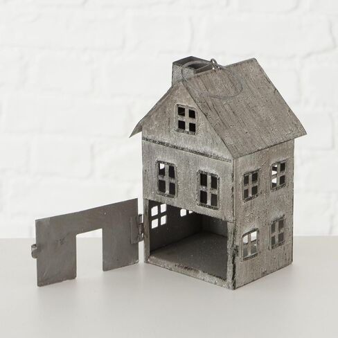 Americana Main Street Town House Candle Lanterns, Set of 3, Vintage Style, Weathered White and Rustic Gray, Metal, Hinged Doors, 14 1/2, 8 3/4 and 5 1/8 Inches Tall in Kuwait