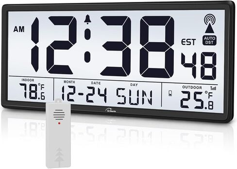 WallarGe Atomic Clock with Indoor Outdoor Temeperature - Easy to Read - Self Setting, 14.5'' Jumbo Auto Set Digital Wall Clock Battery Operated in Kuwait