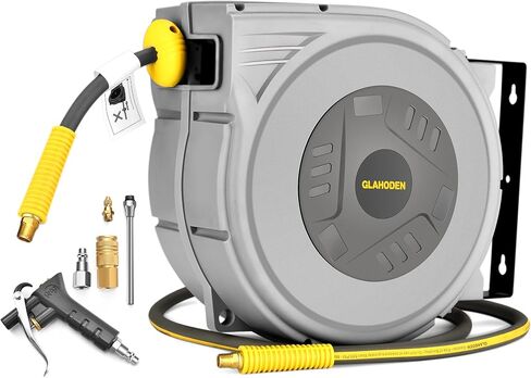 Enclosed Retractable Air Hose Reel, 3/8 in x 50 Ft Hybrid Hose Air Compressor Hose Reel with 5 Ft Lead in Max 300 PSI Patented Design for Any Length Lock 180°Swivel Bracket Quick Coupler in Kuwait