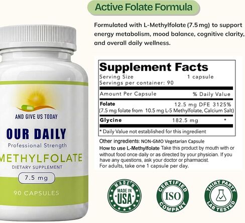 Our Daily Vites L-Methylfolate 7.5 mg / 7500 mcg Maximum Strength Active Folate, 5-MTHF, Filler Free, Gluten Free, Non-GMO, Vegetarian Capsules 90 Count (3 Month Supply) (90) in Kuwait
