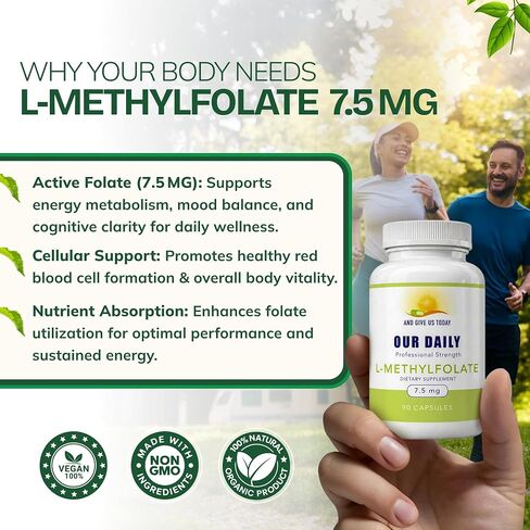 Our Daily Vites L-Methylfolate 7.5 mg / 7500 mcg Maximum Strength Active Folate, 5-MTHF, Filler Free, Gluten Free, Non-GMO, Vegetarian Capsules 90 Count (3 Month Supply) (90) in Kuwait