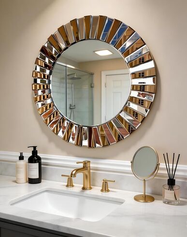 Artloge 32 inch Round Wall Mirror: Large Decorative Silver Glass Vanity with Beveled Crystal Bling Sunburst Frame Edge, Home Modern Art Deco for Livingroom Bathroom Diningroom Bedroom in Kuwait