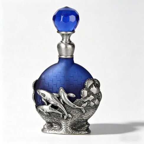 8ml Refillable Glass Perfume Bottle with Antique Silver Dophin Figurine Collectible - Empty Decorative Blue Bottle for Essential Oil Fragrance - Handpainted Enameled Gift Dresser Table Decor in Kuwait
