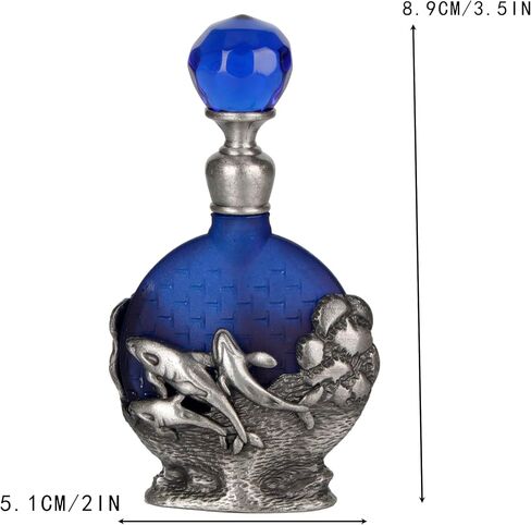 8ml Refillable Glass Perfume Bottle with Antique Silver Dophin Figurine Collectible - Empty Decorative Blue Bottle for Essential Oil Fragrance - Handpainted Enameled Gift Dresser Table Decor in Kuwait