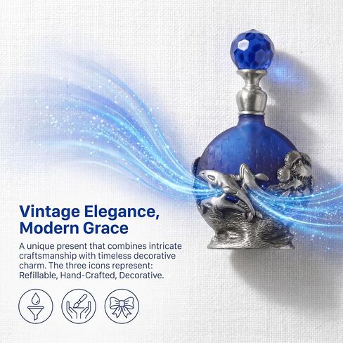 8ml Refillable Glass Perfume Bottle with Antique Silver Dophin Figurine Collectible - Empty Decorative Blue Bottle for Essential Oil Fragrance - Handpainted Enameled Gift Dresser Table Decor in Kuwait