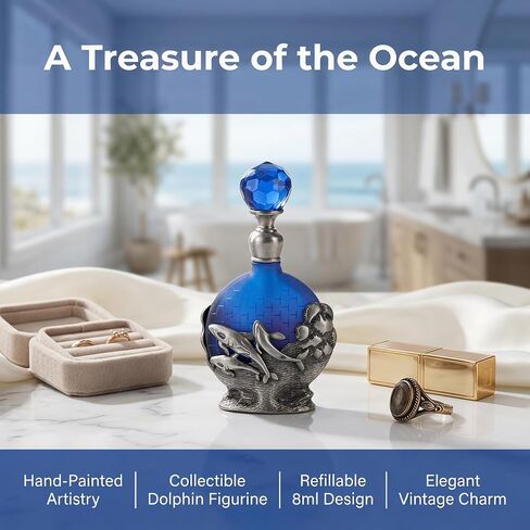 8ml Refillable Glass Perfume Bottle with Antique Silver Dophin Figurine Collectible - Empty Decorative Blue Bottle for Essential Oil Fragrance - Handpainted Enameled Gift Dresser Table Decor in Kuwait