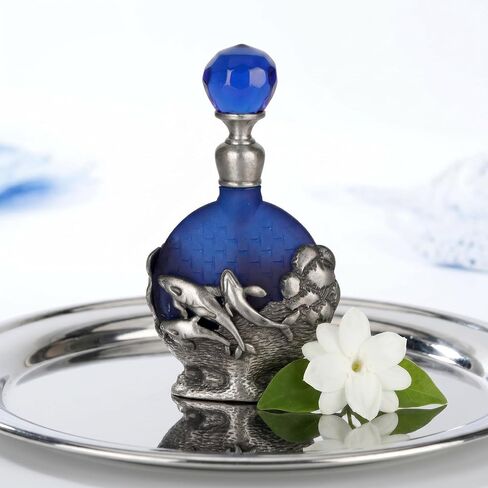 8ml Refillable Glass Perfume Bottle with Antique Silver Dophin Figurine Collectible - Empty Decorative Blue Bottle for Essential Oil Fragrance - Handpainted Enameled Gift Dresser Table Decor in Kuwait