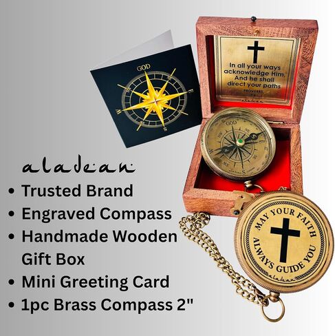 ALADEAN God's Faith Compass - Christian Religious Gift for Men Women | Engraved Hiking Compass Catholic Gift Communion Baptism Confirmation (May Your Faith Always Guide You) in Kuwait
