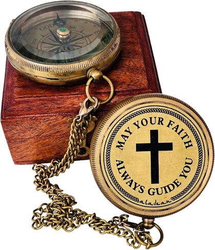 ALADEAN God's Faith Compass - Christian Religious Gift for Men Women | Engraved Hiking Compass Catholic Gift Communion Baptism Confirmation (May Your Faith Always Guide You) in Kuwait