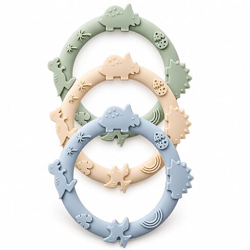 Silicone Teethers for Babies 0-6 6-12 Months Teething Toys for Infants Baby Chew Toys for Sucking Needs Baby Teething Rings for Infant Boys and Girls 3 Pack-Dinosaur-Blue in Kuwait