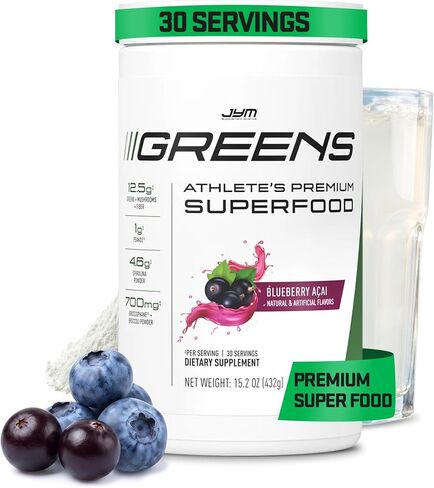JYM Greens Super Food Powder for Performance, Blueberry Acai, Spirulina, Mushrooms, Vitamins, BroccoPhane & Broccoli, Men & Women, 30 Servings in Kuwait
