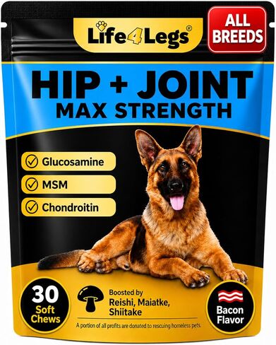 Soft Chews Hip and Joint Supplement for Dogs - Dog Joint Pain Relief Treats - Glucosamine, Chondroitin, Turmeric- Mobility Supplement (Hip & Joint + Skin & Coat, Bacon - 30 Soft Chews) in Kuwait