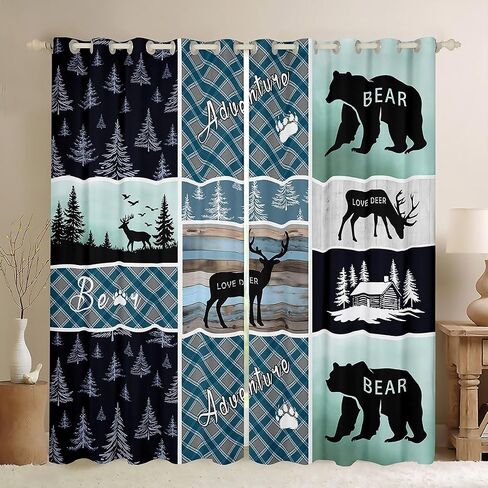 Bear Deer Curtains, Hunting Wild Animal Blackout Curtains Rustic Cabin Lodge Curtains & Drapes 38"Wx45"L 2 Panels, Farmhouse Blue Geometric Plaids Window Curtains, Blue Rustic Gifts For Men Bedroom in Kuwait