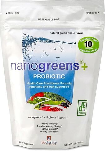 Biopharma Scientific Nanogreens + بروبيوتيك: مسحوق خضار فواكه وخضروات فائق الجودة، 5 مليار بروبيوتيك CFU لصحة الجهاز الهضمي مع سبيرولينا، شلوريلا، نكهة التفاح الأخضر، 30 حصة in Kuwait