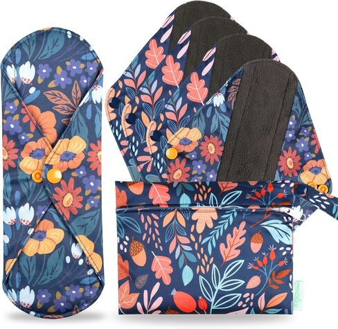 wegreeco Bamboo Reusable Sanitary Pads - Cloth Sanitary Pads | Light Incontinence Pads | Reusable Menstrual Pads - 5 Pack Pads, 1 Cloth Mini Wet Bag (M, Bee & Bloom) in Kuwait