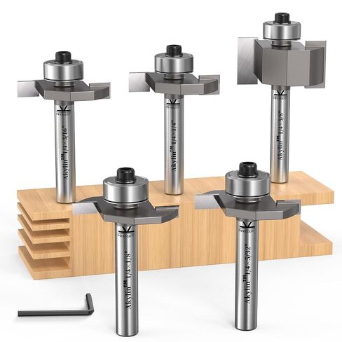 Akylin 5Pcs T Slot Router Bit Set,1/4" Shank,Cutting Height 3/32",1/8",5/32",3/16" and 1/4",3/8" Deep T Trark Bit with Bearing,T-Slotting Cutter for Plywood Slotting,Grooving,Rebating in Kuwait