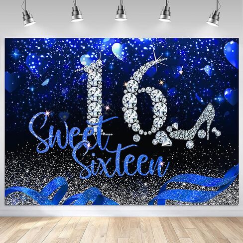Mocsicka Sweet 16 Birthday Backdrop for Girls Blue and Silver Swwet Sixteen Decoration Happy 16th Birthday Banner Glitter Diamonds Background 16 Birthday Party Supplies (7x5ft (82x60 inch)) in Kuwait