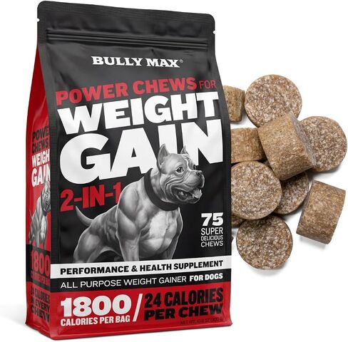 مكمل زيادة الوزن من Bully Max لمكونات الكلاب - يعزز زيادة الوزن الصحي - لجميع الأعمار والسلالات - عبوة 300 جرام، 75 قطعة مضغ ناعمة in Kuwait
