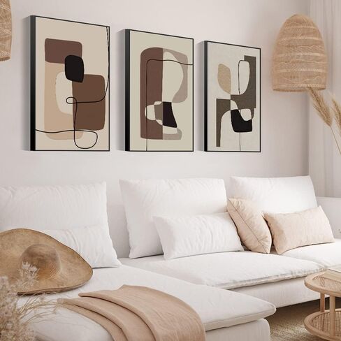 Framed Bright style Wall Art, Boho Wall Art Set of 3, Mid Century Modern Decor 24" x 32", Minimalist Black Beige Neutral Abstract Geometric Wall Decor Canvas Prints for Bedroom Living Room Bathroom in Kuwait