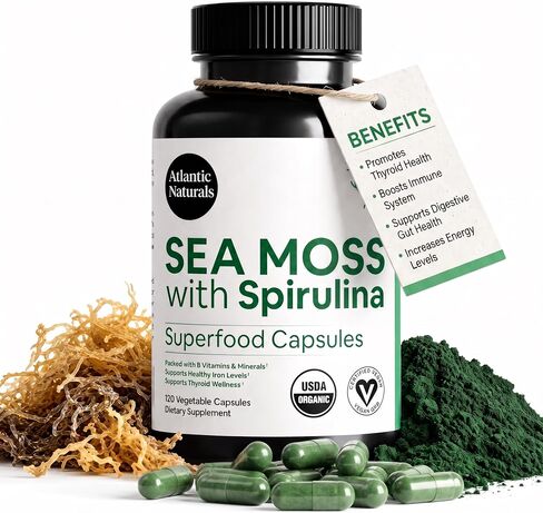 Atlantic Naturals Organic Sea Moss with Spirulina Superfood Capsules | Support Healthy Iron, Immune Health, and Energy | 120 Irish Moss Caps per Bottle | Alternative to Sea Moss Gel, Sea Moss Powder in Kuwait