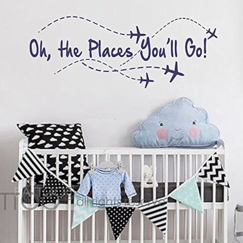 BATTOO Airplane Wall Decal - Oh The Places You'll go - Nursery Wall Decal Quote - Airplane - Pilot Wall Decal - Boy Wall Sticker Girl Decor(Dark Gray, 22" WX8.5 H) in Kuwait